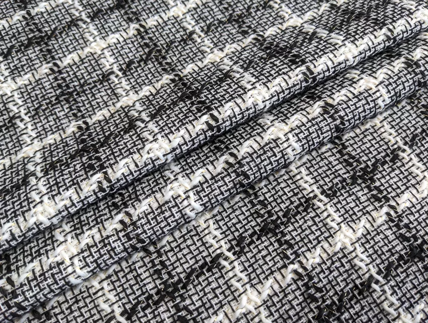 Шанель твід клітинка з люрексом, молочний з чорним - фото 1 - інтернет-магазин tkani-atlas.com.ua