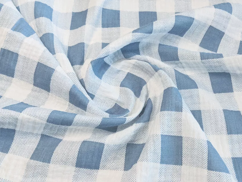 Муслін малюнок клітинка, синій джинсовий на молочному - фото 1 - інтернет-магазин tkani-atlas.com.ua