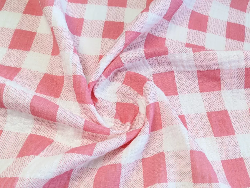 Муслін малюнок клітинка, персиковий на молочному - фото 1 - інтернет-магазин tkani-atlas.com.ua