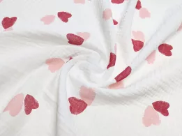 Муслин рисунок сердечки двухцветные, красный с розовым на молочном - интернет-магазин tkani-atlas.com.ua