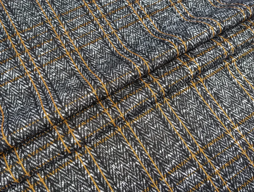 Трикотаж тёплый клетка с елочкой, серо-черный с горчичным - фото 1 - интернет-магазин tkani-atlas.com.ua