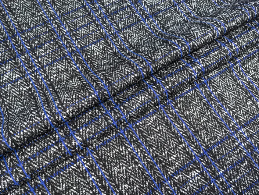 Трикотаж теплий клітина з ялинкою, сіро-чорний з синім - фото 1 - інтернет-магазин tkani-atlas.com.ua
