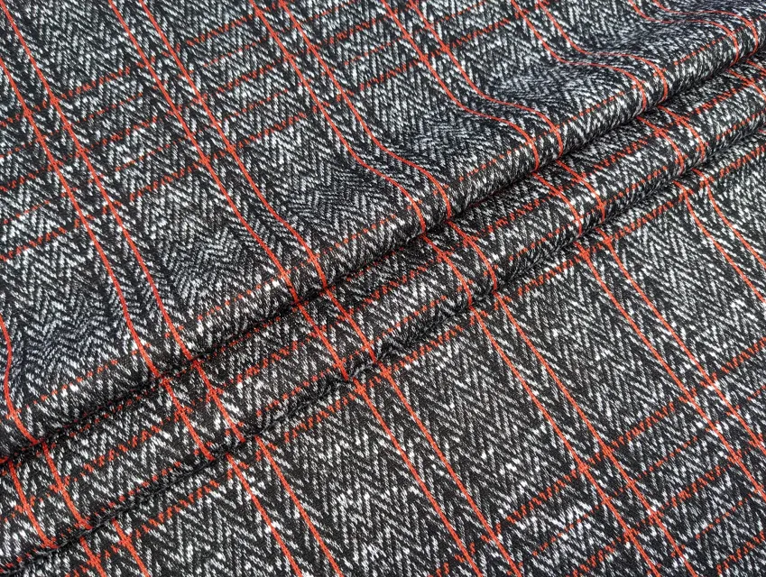Трикотаж теплий клітина з ялинкою, сіро-чорний з теракотовим - фото 1 - інтернет-магазин tkani-atlas.com.ua