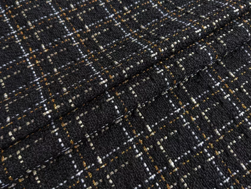 Шанель твід клітина з золотою ниткою, чорний - фото 1 - інтернет-магазин tkani-atlas.com.ua