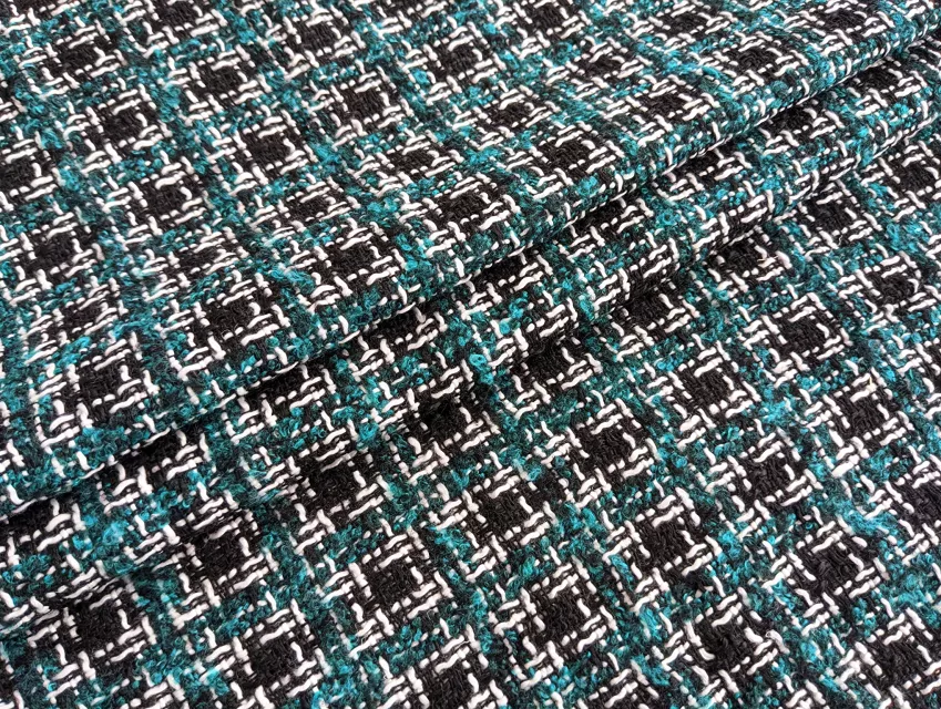 Шанель твід клітинка, бірюзовий з чорним - фото 1 - інтернет-магазин tkani-atlas.com.ua