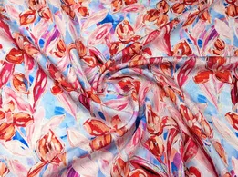 Шовк віскоза квіткові візерунки, блакитний з червоним - інтернет-магазин tkani-atlas.com.ua