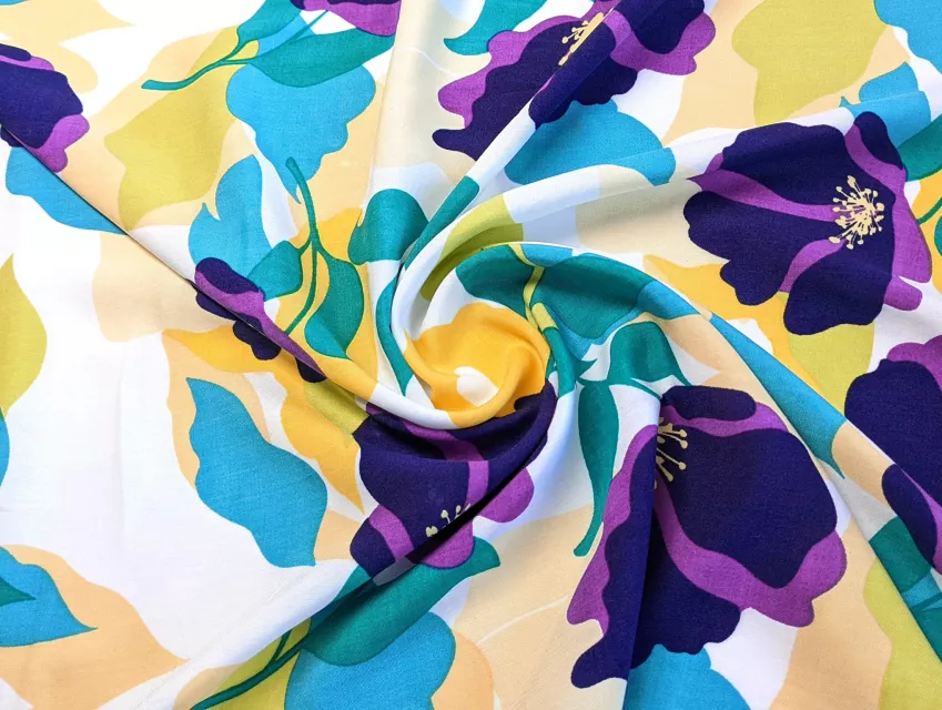 Штапель шовковистий квіткова фантазія, темно-бузковий з жовтим - фото 1 - інтернет-магазин tkani-atlas.com.ua