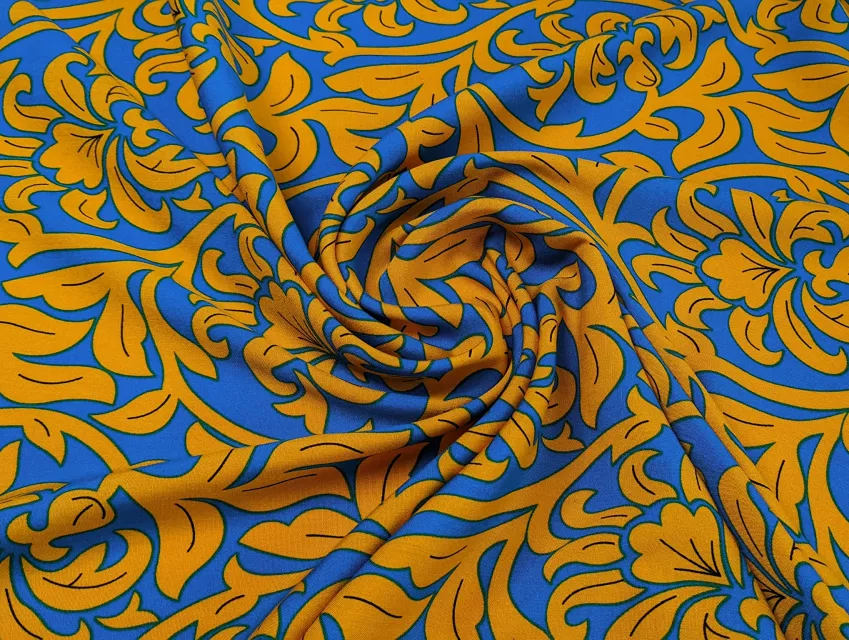 Штапель цветочный орнамент, синий с горчичным - фото 1 - интернет-магазин tkani-atlas.com.ua