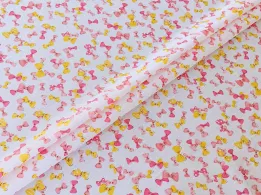 Коттон стрейчевый рубашечный бантики, розовый с желтым (отрез 2,3 м) - интернет-магазин tkani-atlas.com.ua