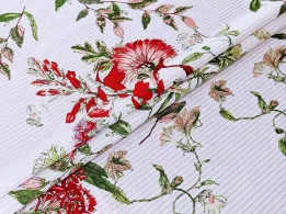 Коттон стрейчевый рисунок бордовые цветы на полоске, белый (отрез 0,4 м) - интернет-магазин tkani-atlas.com.ua