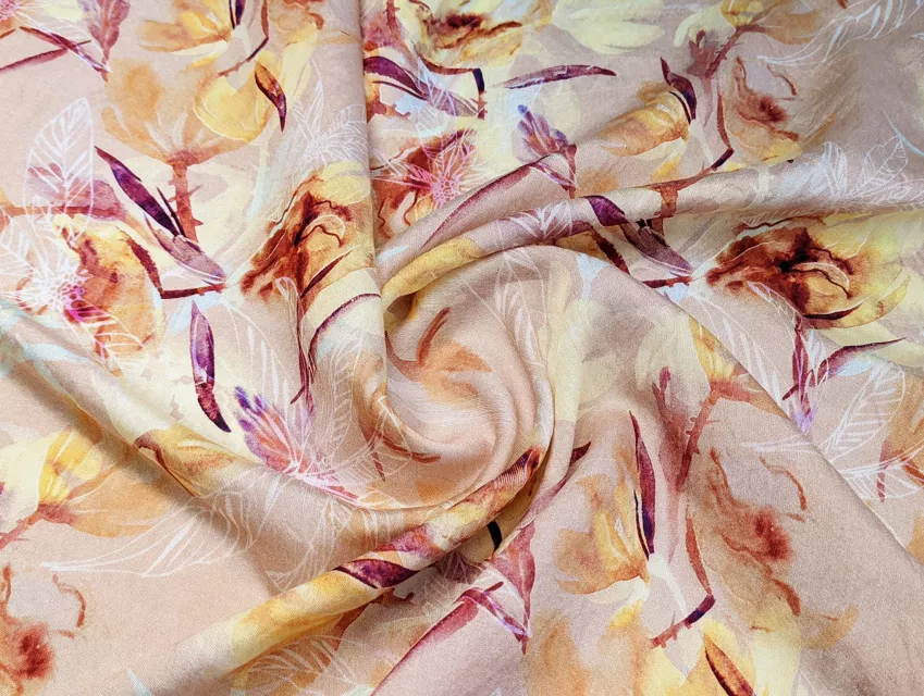 Шовк віскоза квіткові мрії, жовто-коричневий - фото 1 - інтернет-магазин tkani-atlas.com.ua