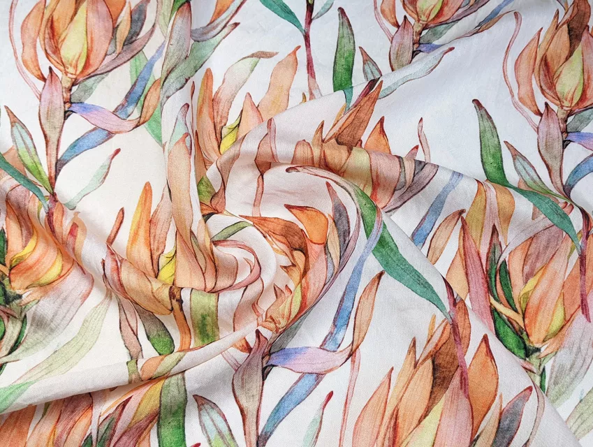 Шовк віскоза квітуча гілка, помаранчево-зелений - фото 1 - інтернет-магазин tkani-atlas.com.ua