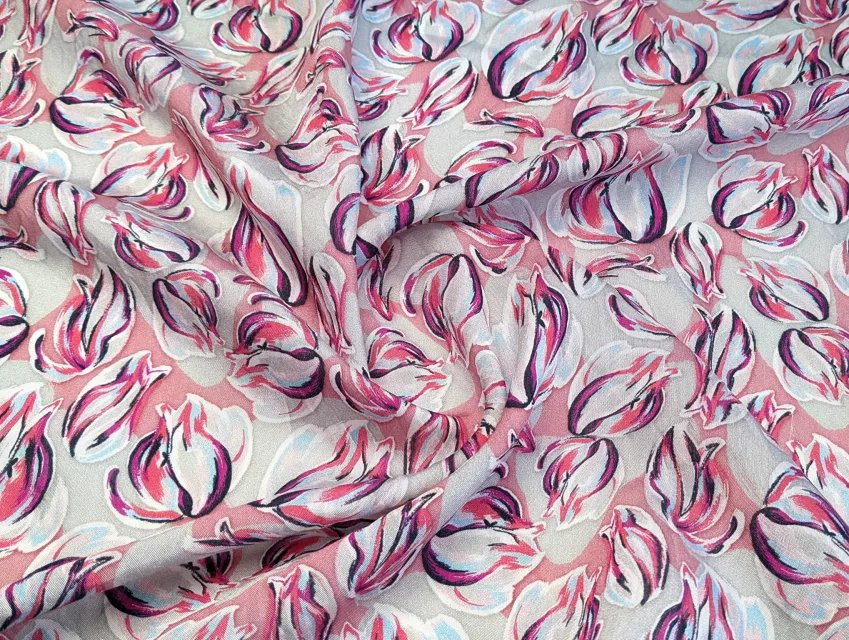 Шовк віскоза казкові тюльпани, сіро-рожевий - фото 1 - інтернет-магазин tkani-atlas.com.ua