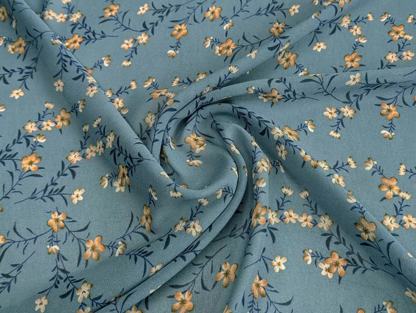 Шифон креповый цветущие веточки, джинсовый - фото 1 - интернет-магазин tkani-atlas.com.ua