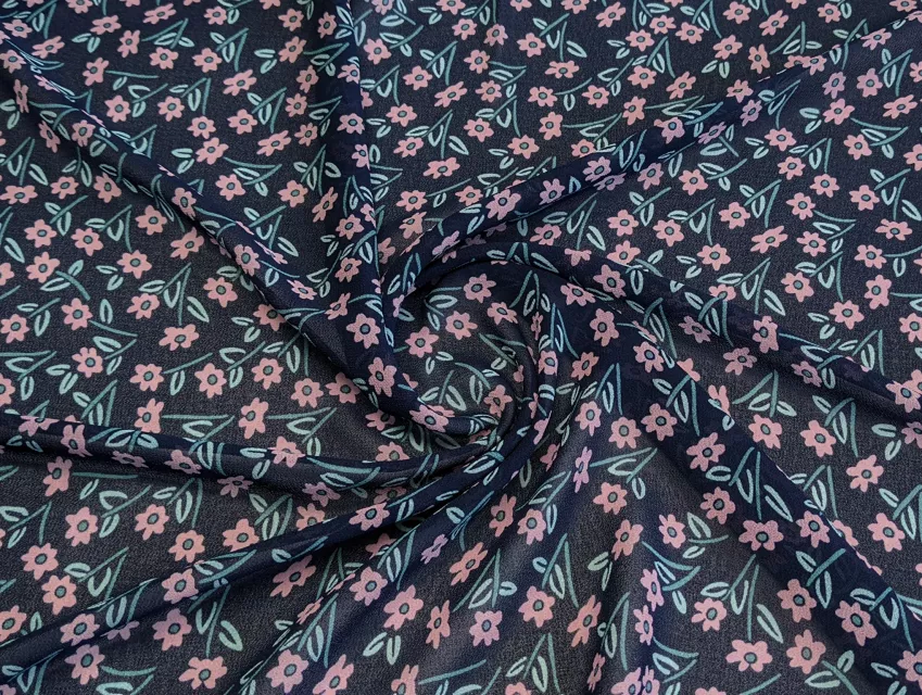 Шифон креповий квіточки, темно-синій - фото 1 - інтернет-магазин tkani-atlas.com.ua