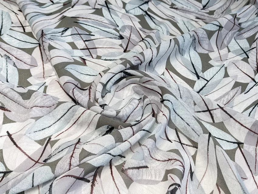 Шифон креповый лиственная сказка, оливковый с серым - фото 1 - интернет-магазин tkani-atlas.com.ua