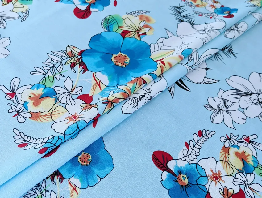 Коттон стрейчевый рисунок крупные цветы, голубой (отрез 1,1 м) - фото 1 - интернет-магазин tkani-atlas.com.ua