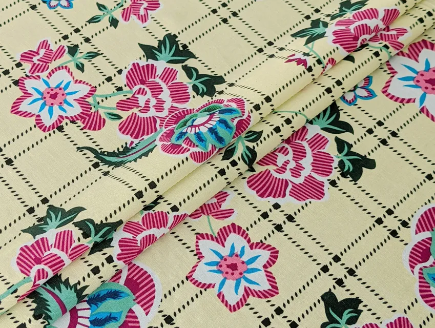 Котон стрейчевий малюнок квіткова геометрія, жовтий (відріз 0,9 м) - фото 1 - інтернет-магазин tkani-atlas.com.ua