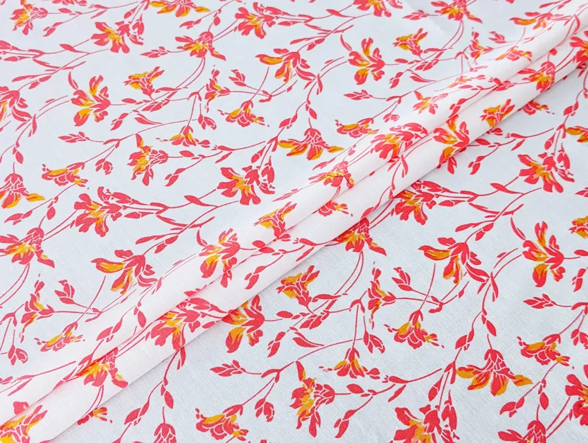 Коттон стрейчевый рисунок цветочная нежность, коралловый (отрез 1,3 м) - фото 1 - интернет-магазин tkani-atlas.com.ua