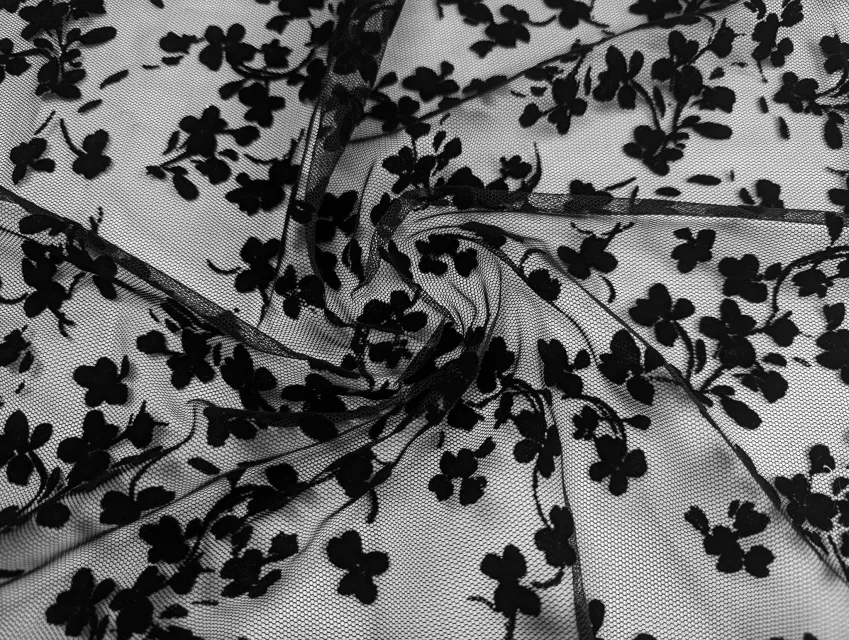 Сетка с флоком цветочное плетение, черный - фото 1 - интернет-магазин tkani-atlas.com.ua