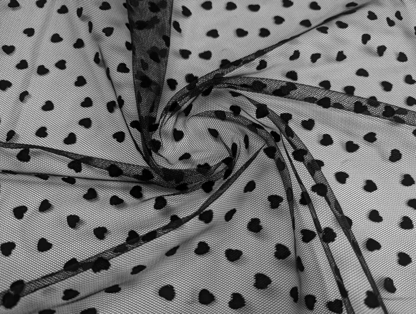 Сетка с флоком сердечки, черный - фото 1 - интернет-магазин tkani-atlas.com.ua