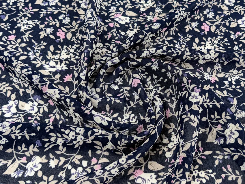 Шифон креповый цветочный прованс, темно-синий (отрез 0,3 м) - фото 1 - интернет-магазин tkani-atlas.com.ua