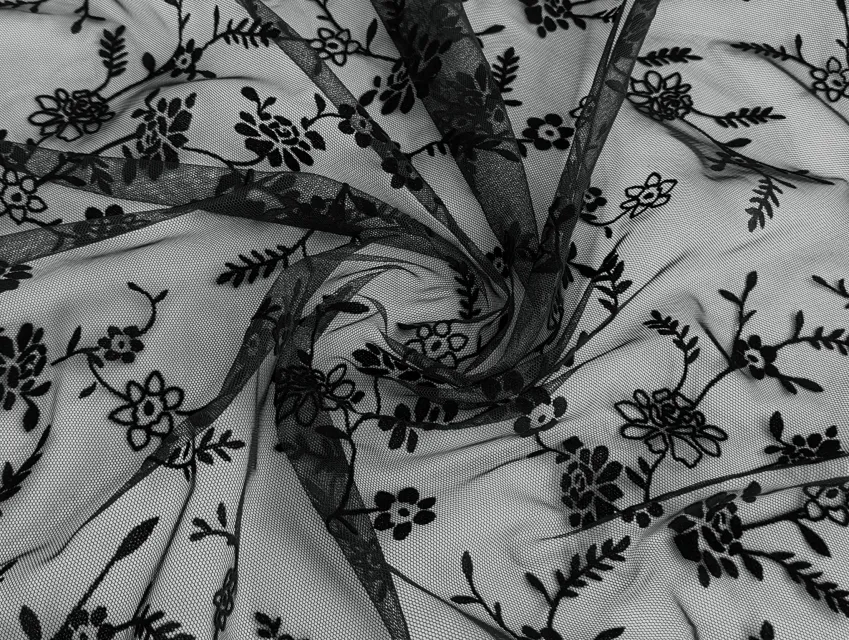 Сетка с флоком цветущая ветка, черный (отрез 0,5 м) - фото 1 - интернет-магазин tkani-atlas.com.ua