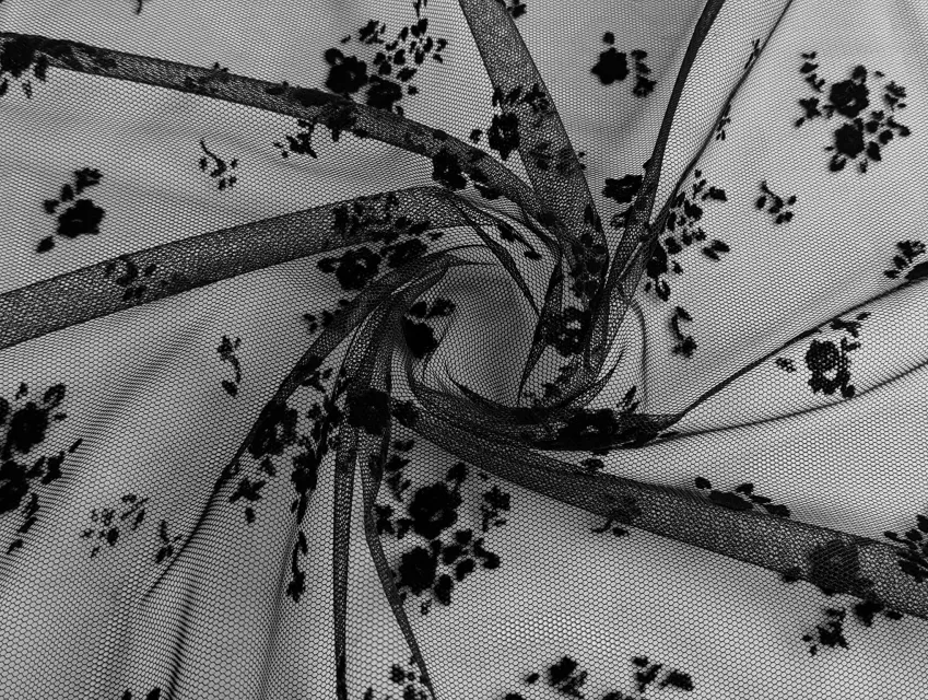 Сетка с флоком цветочная мечта, черный (отрез 1 м) - фото 1 - интернет-магазин tkani-atlas.com.ua