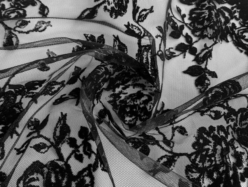 Сетка с флоком крупные цветы, черный (отрез 1,5 м) - фото 1 - интернет-магазин tkani-atlas.com.ua
