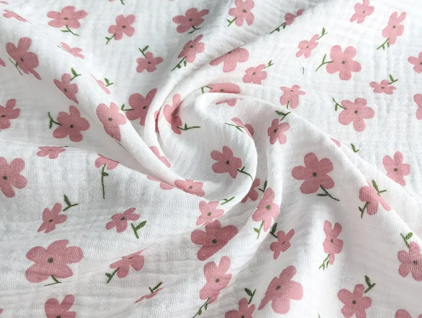 Муслін малюнок рожеві ромашки, молочний - фото 1 - інтернет-магазин tkani-atlas.com.ua
