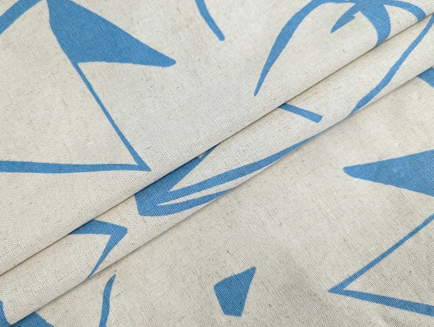 Льон з віскозою геометрична абстракція, блакитний на бежевому - фото 1 - інтернет-магазин tkani-atlas.com.ua