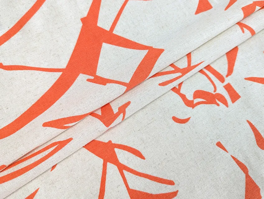 Лен с вискозой геометрическая абстракция, оранжевый на бежевом - фото 1 - интернет-магазин tkani-atlas.com.ua