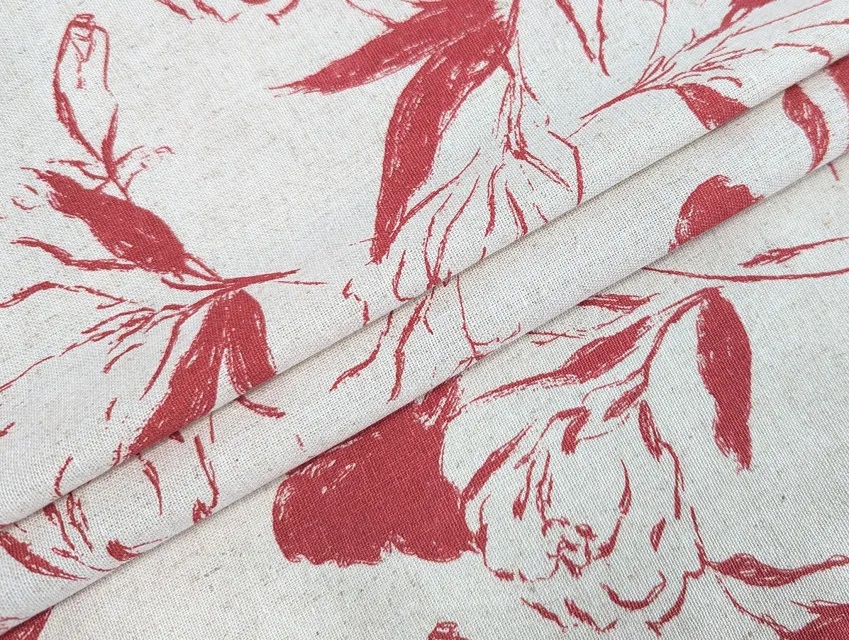 Льон з віскозою тюльпани, амарант на бежевому - фото 1 - інтернет-магазин tkani-atlas.com.ua