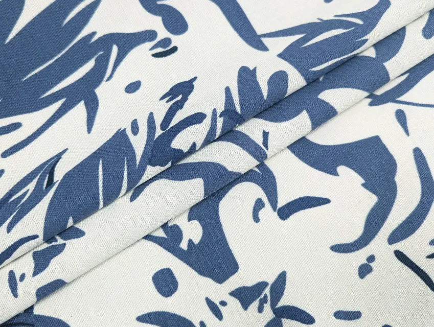Льон з віскозою квіткова абстракція, синій на молочному - фото 1 - інтернет-магазин tkani-atlas.com.ua