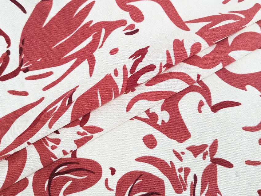 Лен с вискозой абстракция цветочная, коралловый на молочном - фото 1 - интернет-магазин tkani-atlas.com.ua