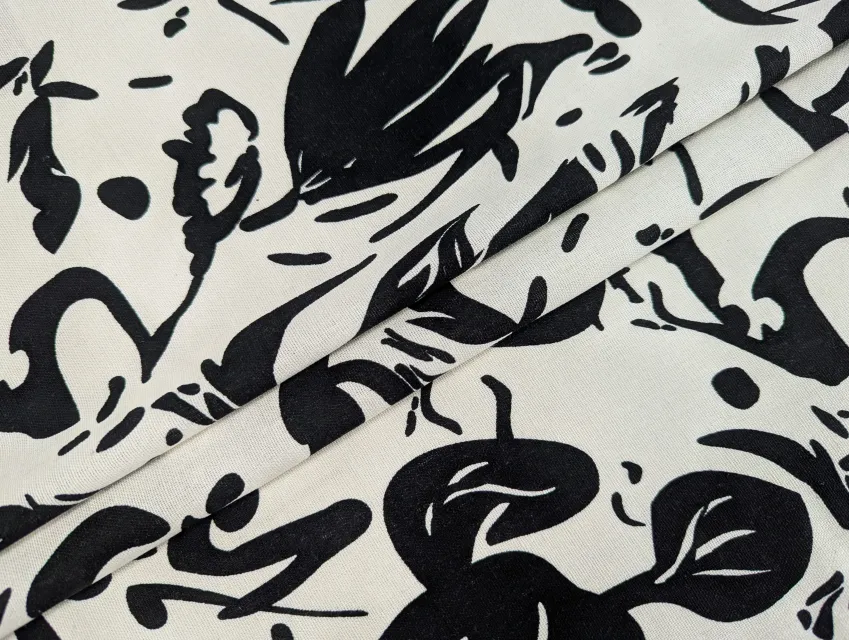 Лен с вискозой абстракция цветочная, молочный с черным - фото 1 - интернет-магазин tkani-atlas.com.ua