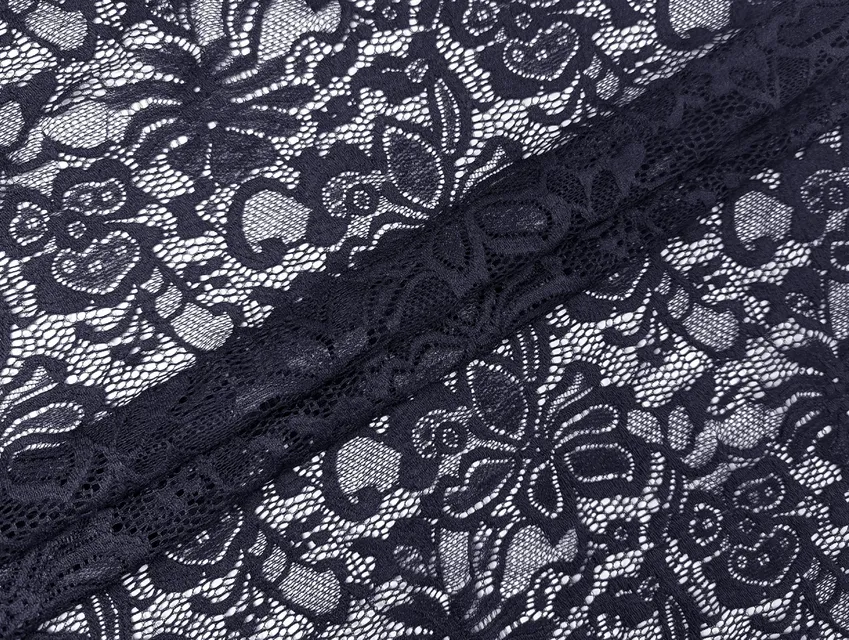 Гипюр стрейч Классика цветочная фантазия, темно-синий (отрез 2 м) - фото 1 - интернет-магазин tkani-atlas.com.ua