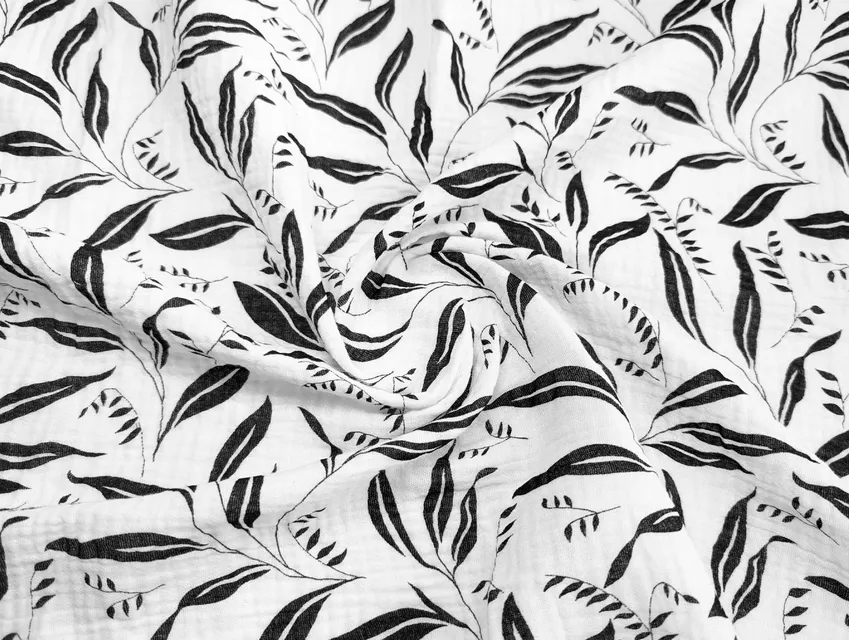 Муслін малюнок листяне плетіння, молочний з чорним - фото 1 - інтернет-магазин tkani-atlas.com.ua