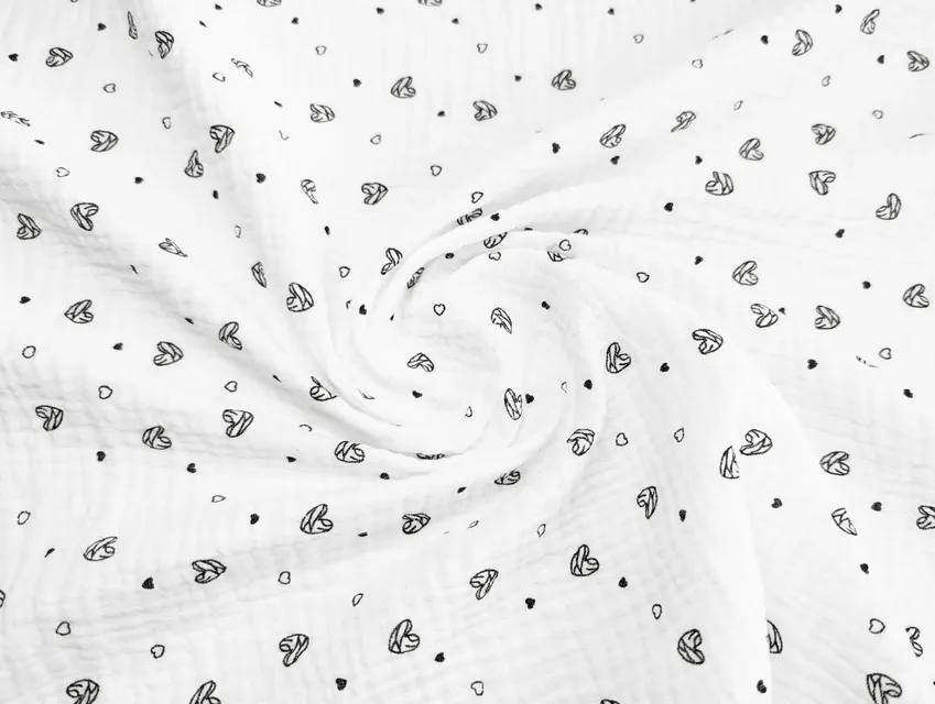 Муслін малюнок сердечки, молочний з чорним - фото 1 - інтернет-магазин tkani-atlas.com.ua