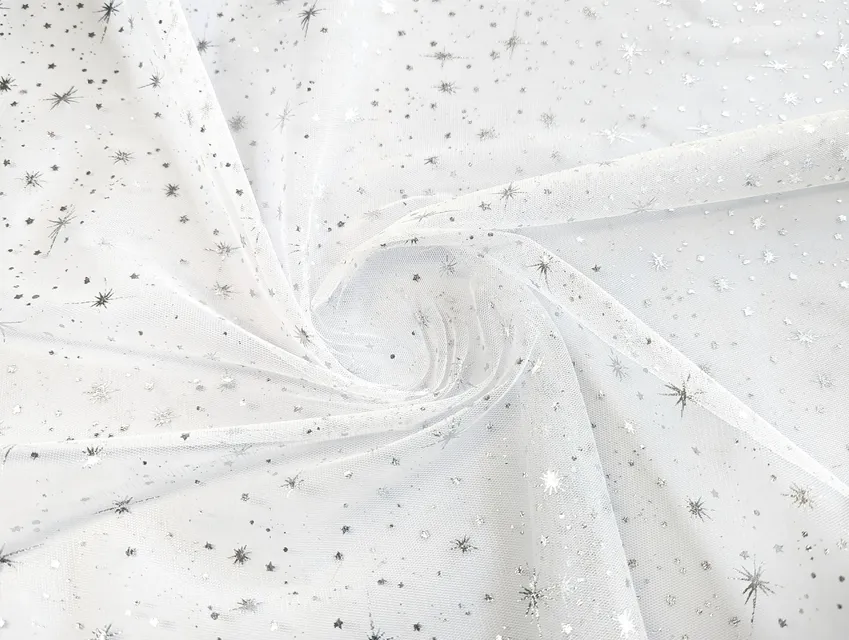 Сітка зоряна вуаль, срібло на білому - фото 1 - інтернет-магазин tkani-atlas.com.ua