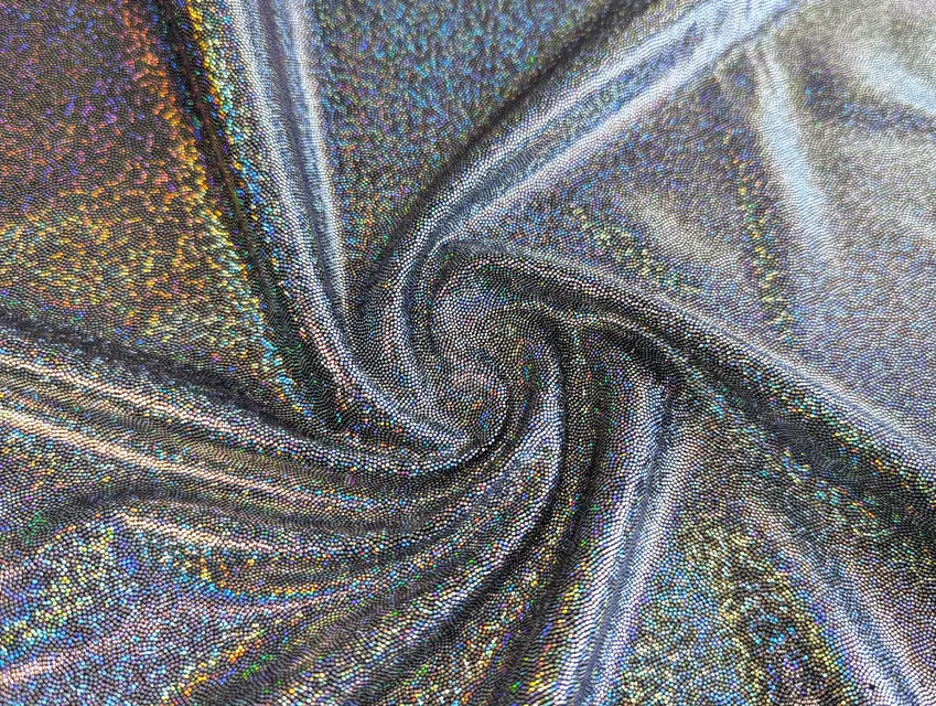 Трикотаж масло нарядне голограма веселка крапки, срібло на чорному (відріз 1 м) - фото 1 - інтернет-магазин tkani-atlas.com.ua