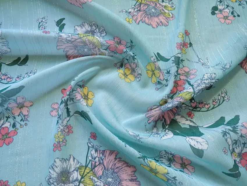 Шифон с люрексовой нитью майский букет, розовый на мяте (отрез 2,8 м) - фото 1 - интернет-магазин tkani-atlas.com.ua