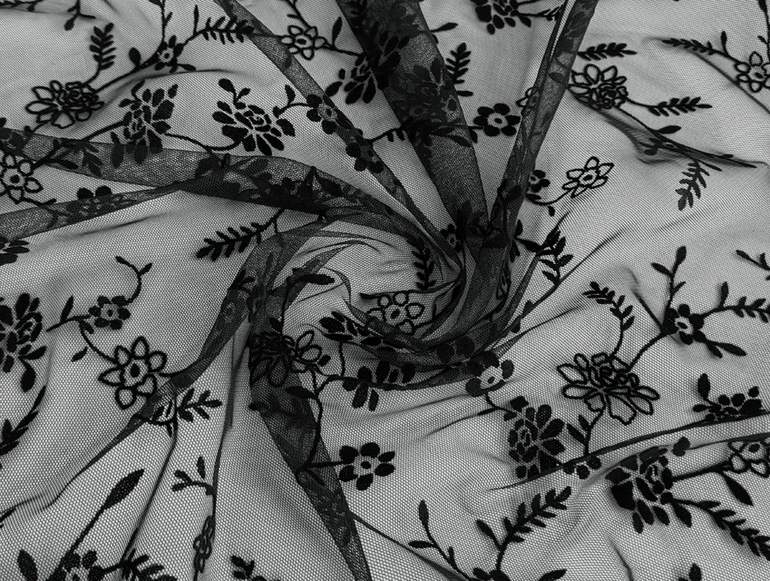 Сетка с флоком цветущая ветка, черный (отрез 0,5 м) - фото 1 - интернет-магазин tkani-atlas.com.ua