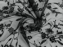 Сетка с флоком цветущая ветка, черный (отрез 0,5 м) - интернет-магазин tkani-atlas.com.ua