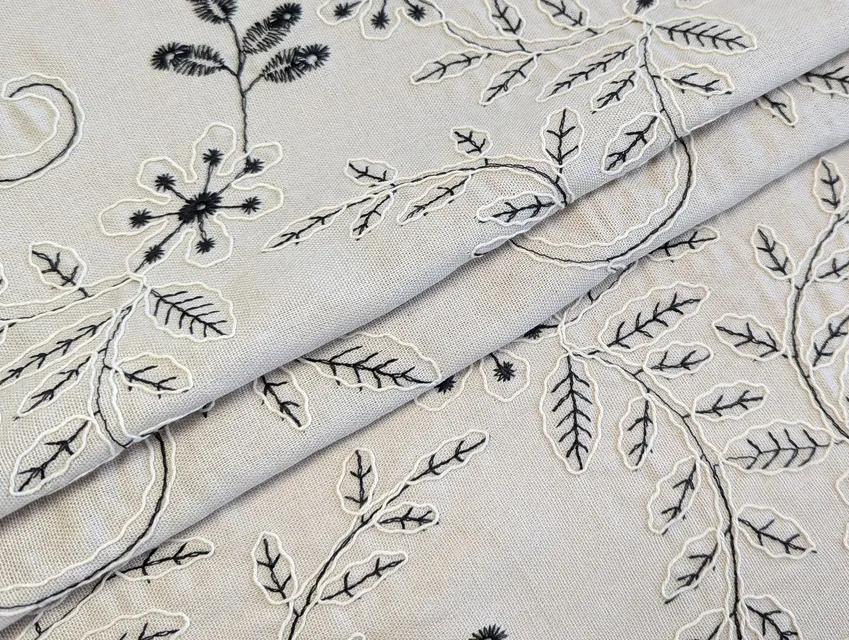 Льон віскоза вишивка квіточки на гілочці, бежевий - фото 1 - інтернет-магазин tkani-atlas.com.ua