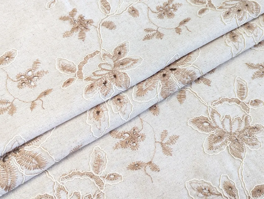 Лен вискоза вышивка цветочное плетение, бежевый меланж - фото 1 - интернет-магазин tkani-atlas.com.ua