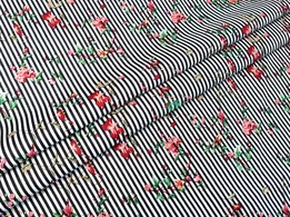 Коттон цветы на полоске, молочный с черным (отрез 1,5 м) - интернет-магазин tkani-atlas.com.ua